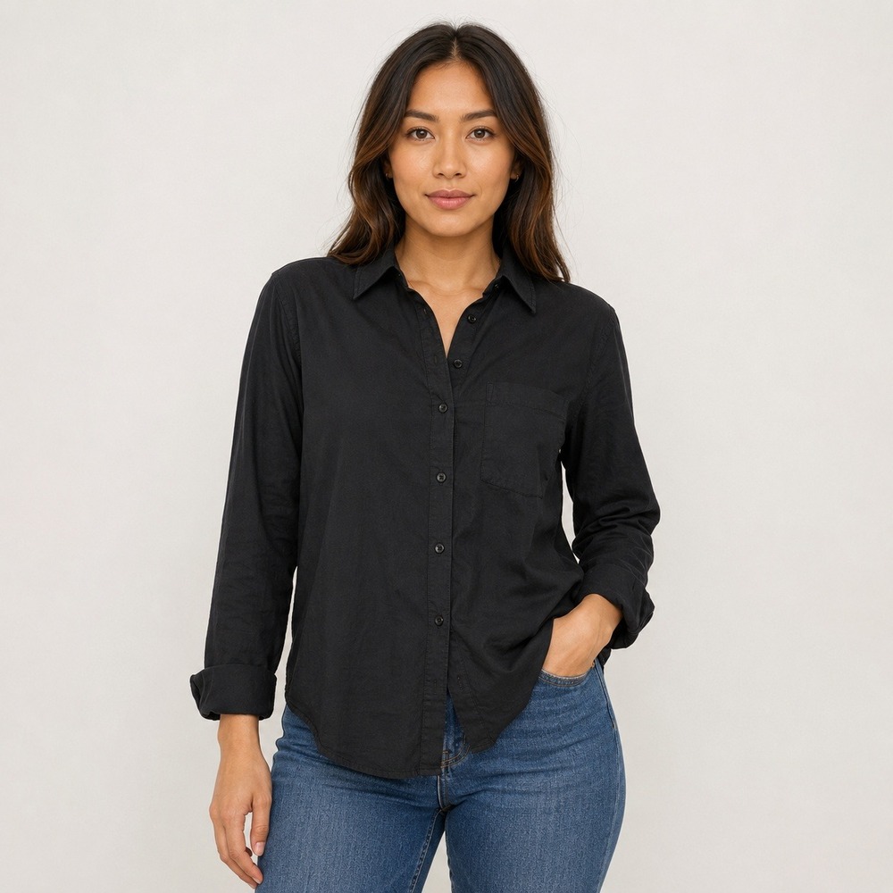 Reformation Black Organic Cotton Button Front Shirt XS Long Sleeve Blouse